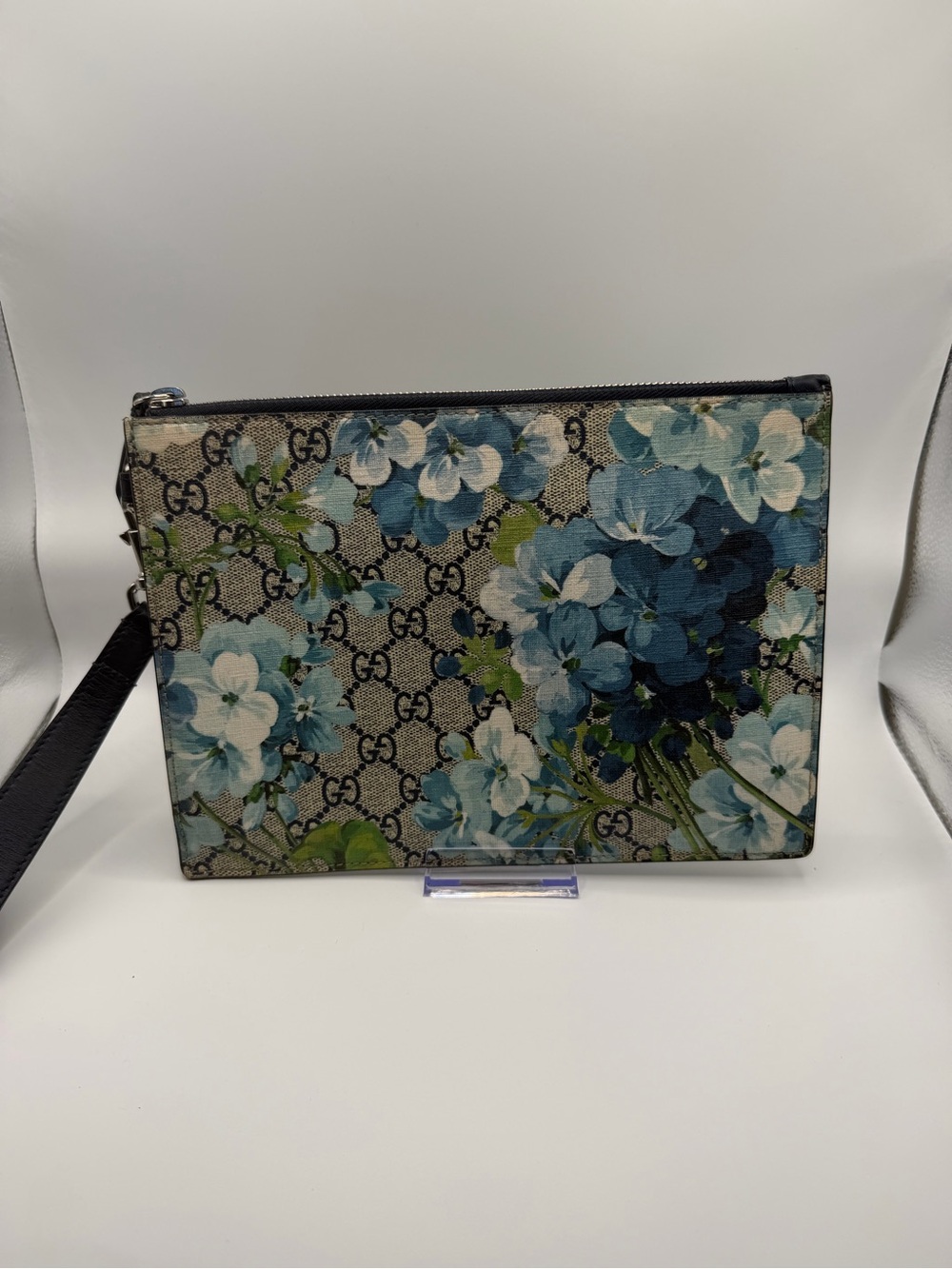 Gucci Blue Floral GG Supreme Wristlet Pouch